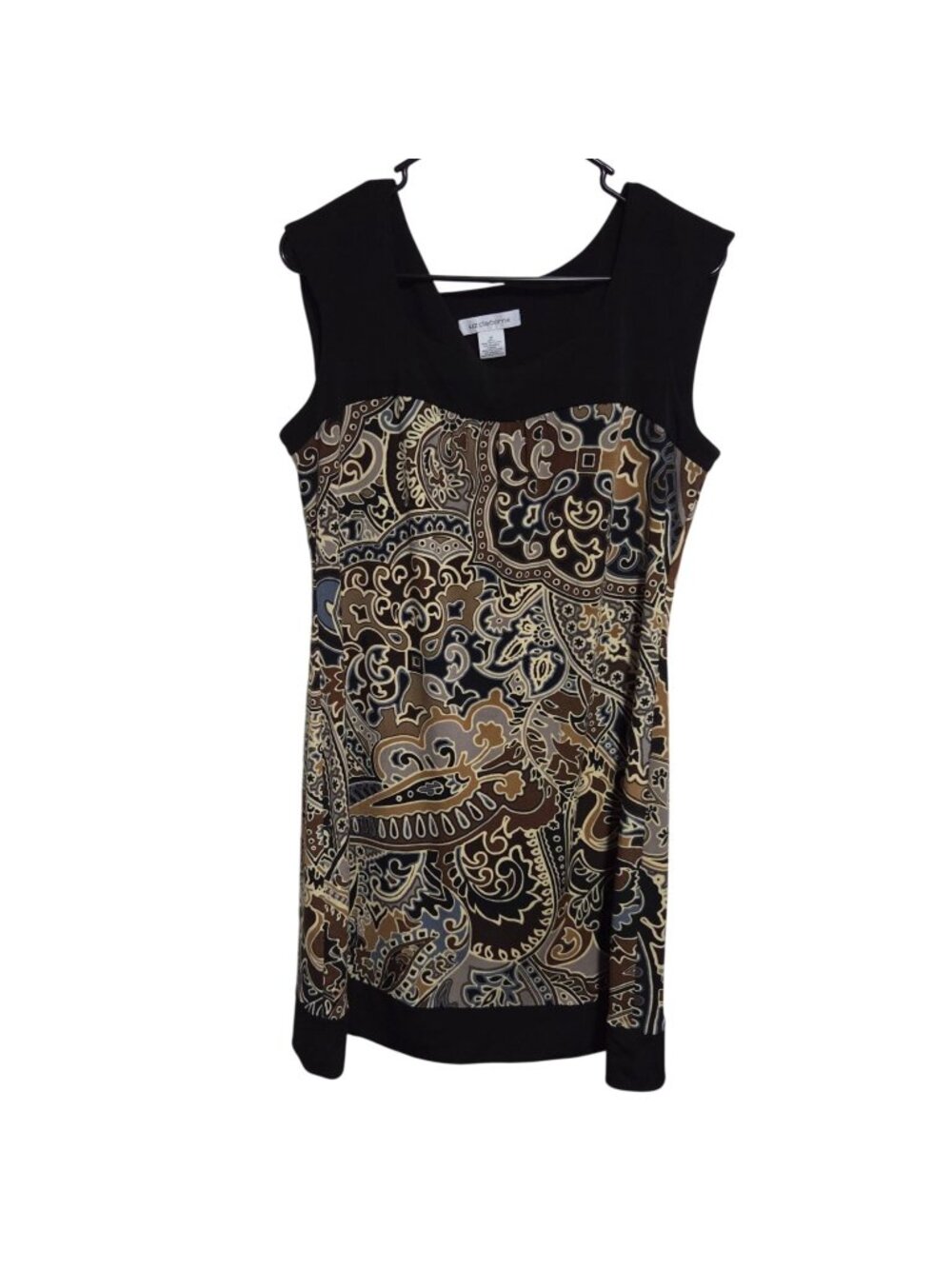 Liz Claiborne Paisley Print Dress Size 12 Sheath Black Brown Sleeveless Midi
